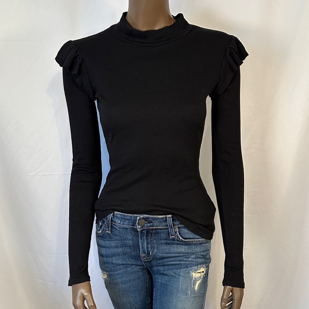 LA Made Black Ruffle Shoulder Long Sleeve Top